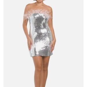 ENDLESS ROSE Silver Sequin Embellished Pink Feather Strapless Mini Dress M 8